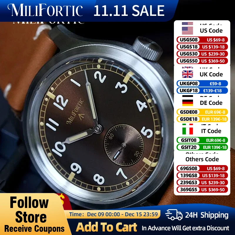 Milifortic Dirty Dozen Watches 39mm Seagull ST1701 Sapphire Crystal Sub-dial 10ATM Luminous Stainless Steel Field Wristwatches