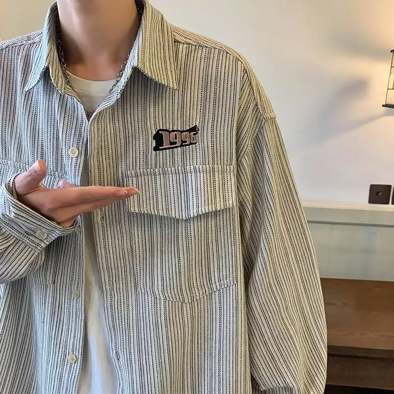 

Retro Japanese Sle Long Sve Embroidered Striped Casual irt Men's Spring Autumn Loose Fit Workwear Jaet Youth Trend