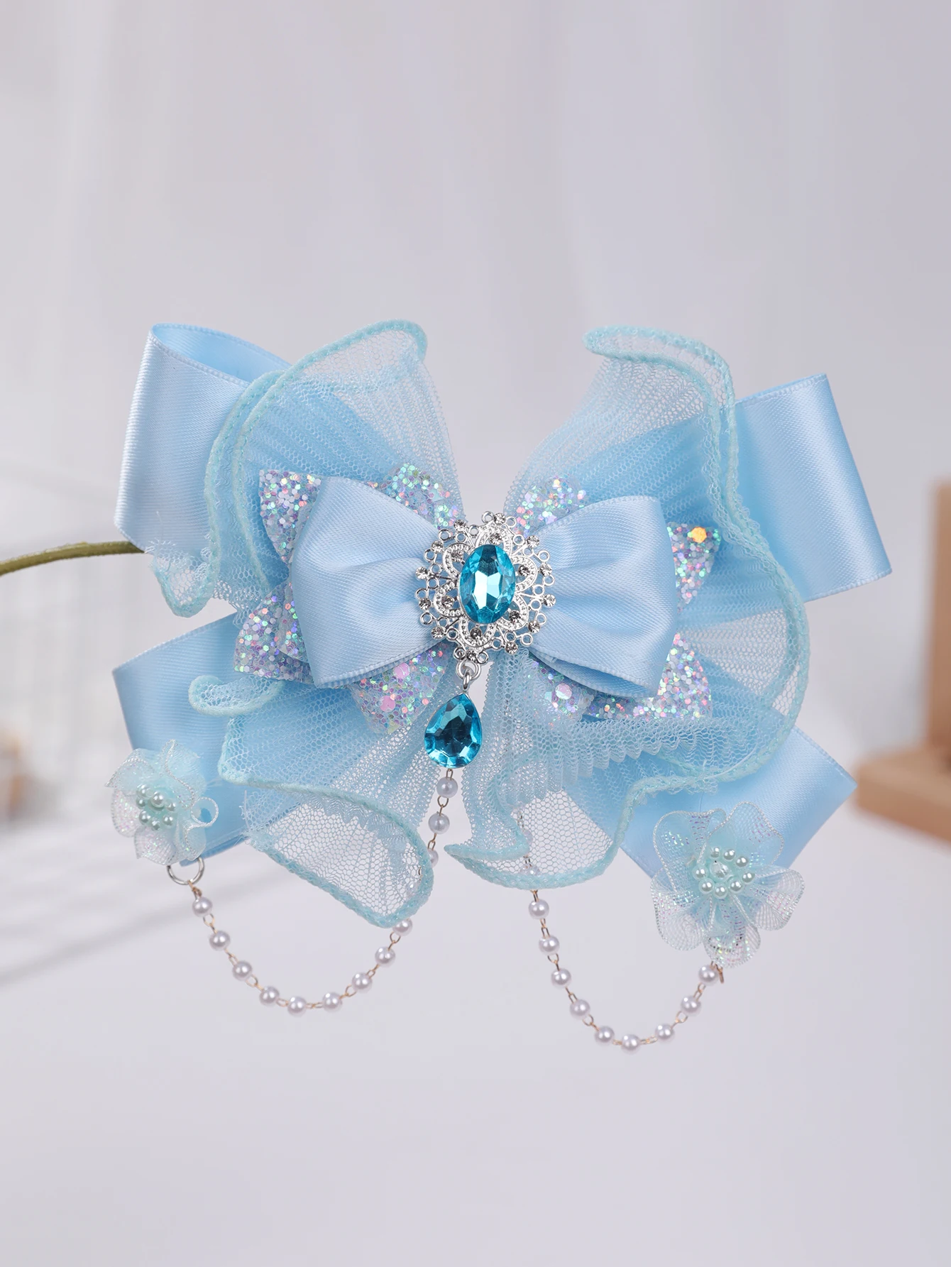 Frozen Flash Diamond Blue Yarn Bow children\'s hairpin Princess snowflake clip baby stereo top clip tassel headdress