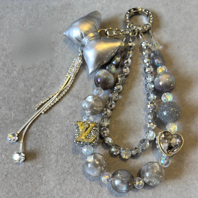 

Fancy Beads Hand MadeIns Handmade Silver Gray Pillow Bow Mobile Phone Chain Bag Pendant Tassel Crystal Square Love Resin Beads F