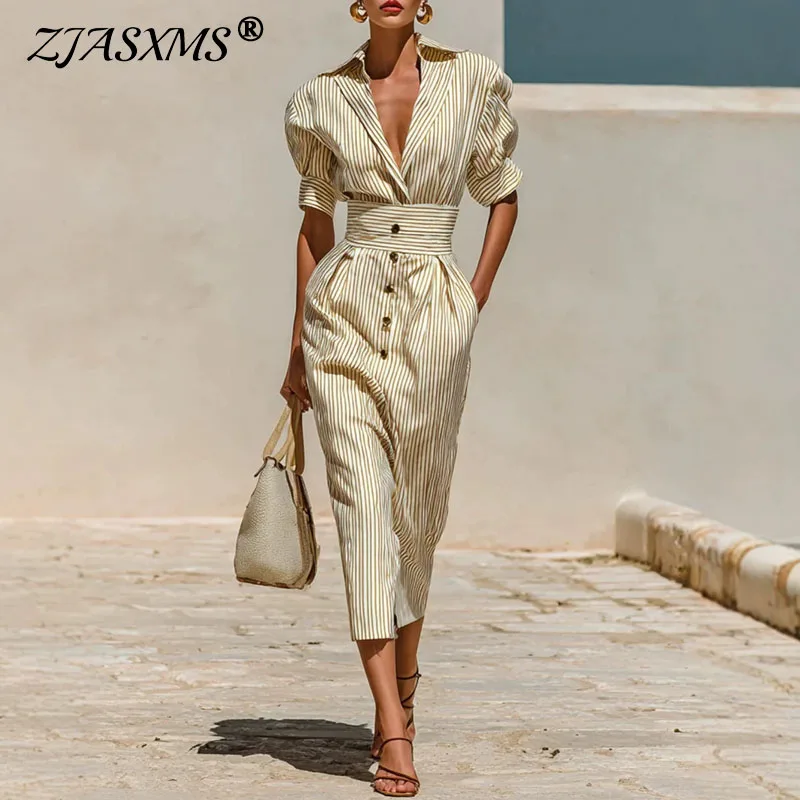 Robe chemise rayée pour femme, col à revers, décolleté en V profond, manches bouffantes, ceinture large, boutonnée sur le devant, élégante pour le bureau, le travail, l'été et les vacances