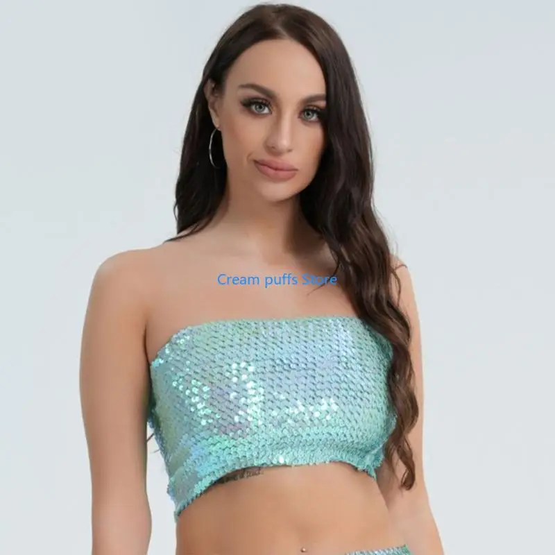 50LE Women's Sparkly Sequins Tube Top Stretchy Crop Top Party Costumes Clubwear - view 3