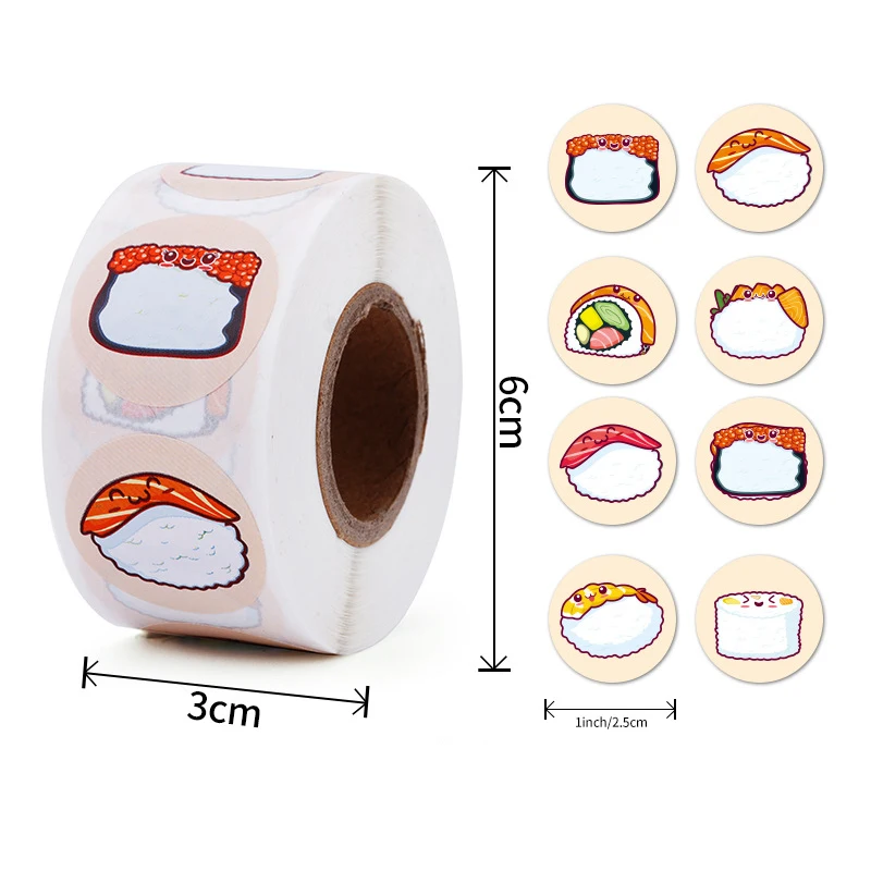 Desenhos animados Sushi Pattern Stickers, Circular, Adequado para Aniversário, Feriado, Decoração de Casamento, Cozido, Sobremesa, Lancheira, Etiqueta Adesiva, 500Pcs