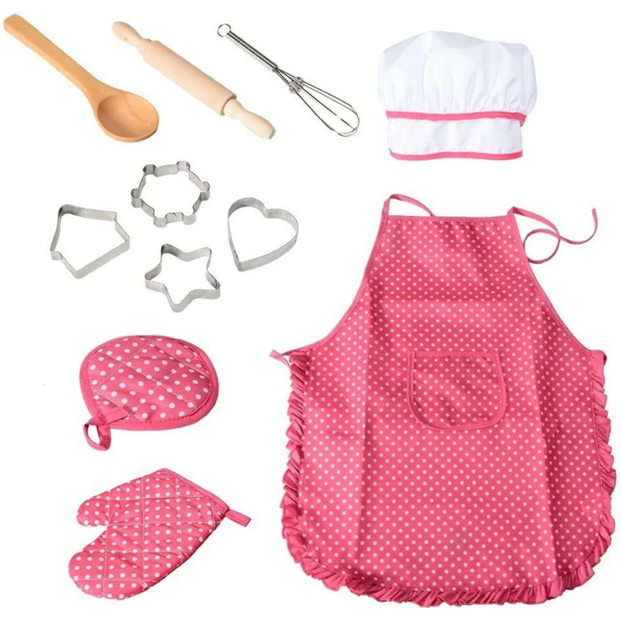 11PCS Kids Koken Bakset Chef Set Inclusief Schort voor Meisjes Chef Hoed Mitt & Gebruiksvoorwerp Cadeaus voor Kinderen Kerst Verjaardag Speelgoed