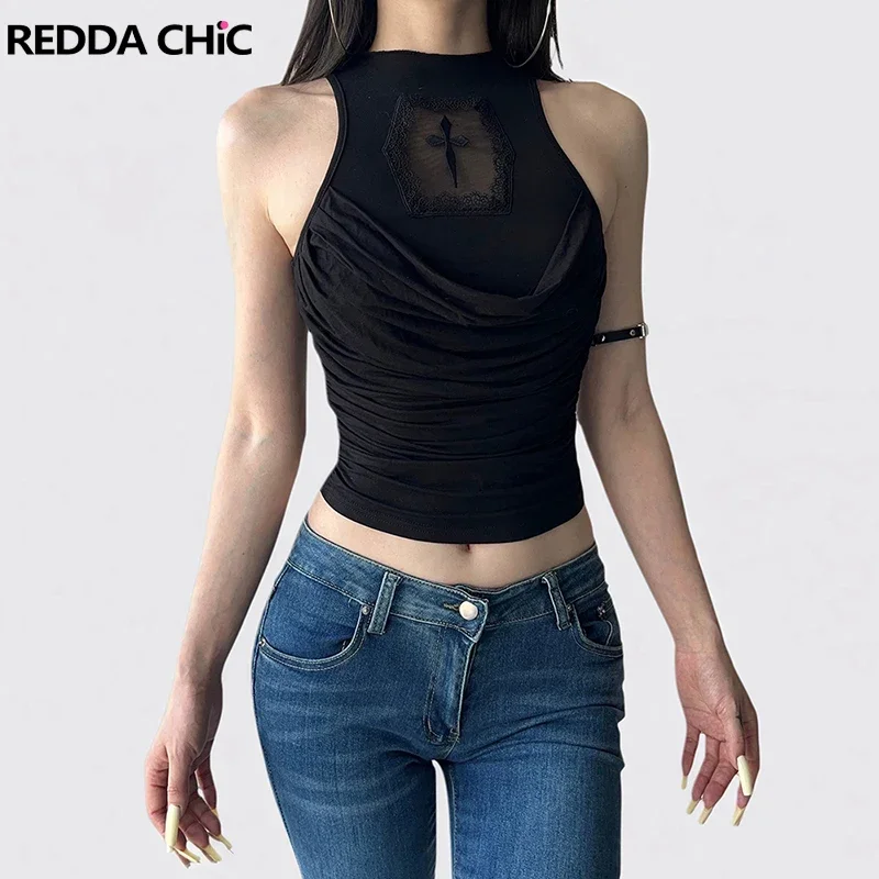 IMU Hollow Cross Tank Top Women Grunge Punk Black Shelf Bra Slim Fit Pullover Sleeveless T-shirt Gothic Summer Clothes