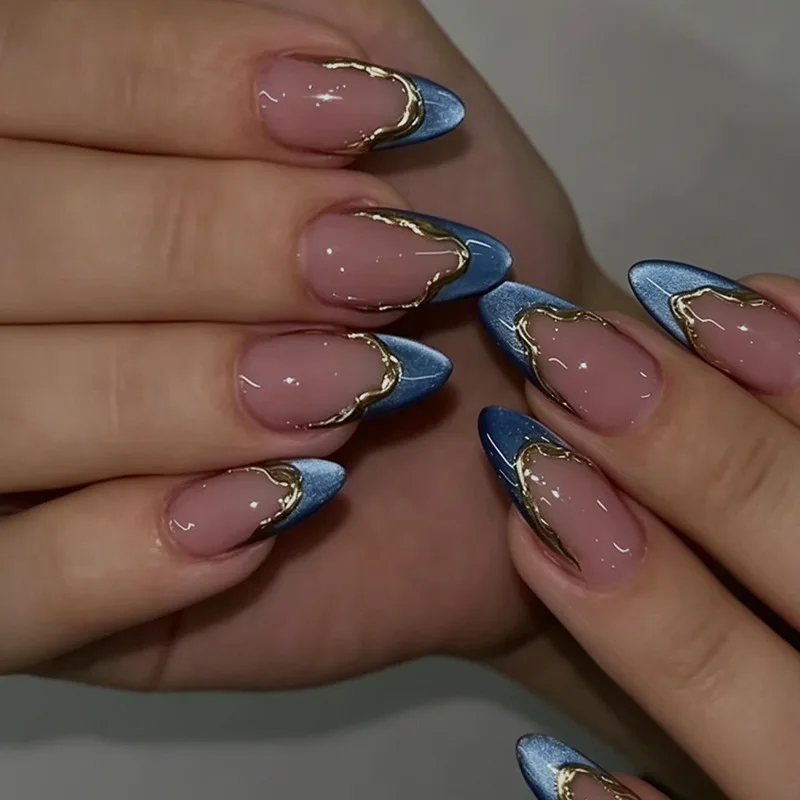 24Pcs False Nails Gold-Plated French Manicure Blue Cat-Eye and Nude-Colored Press-On Nails—Perfect As A Gift for Girl and Friend