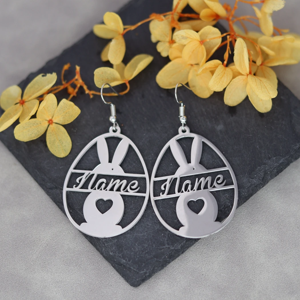 QIAMNI Romantic Personalized Customized Name Drop Earrings Stainless Steel Custom Letter Heart Rabbit Ear Jewelry Birthday Gifts
