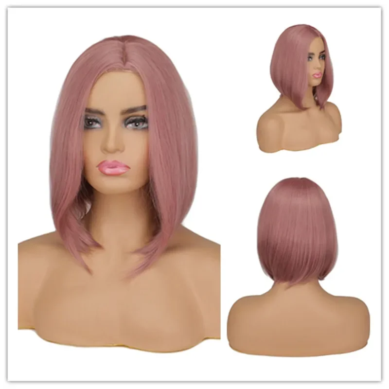 Frauen Lila Rosa Kurze Bob Haar Synthetische Perücken Gemischt Rosa Highlights Haar Perücke Hitzebeständige Faser Kurze Gerade Rosa