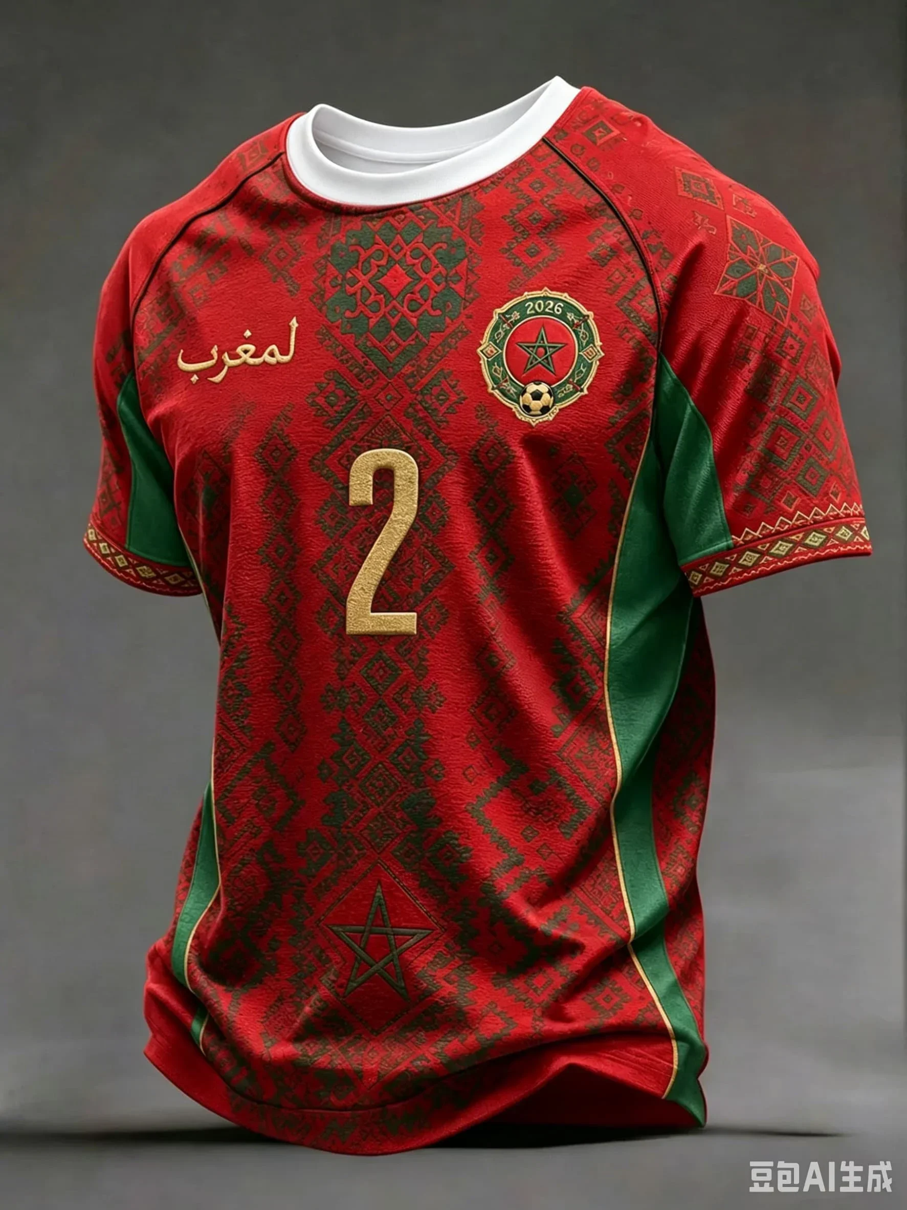 New football jerseys for the Moroccan red and green teams, short-sleeved with round collars, featuring 3D printing.