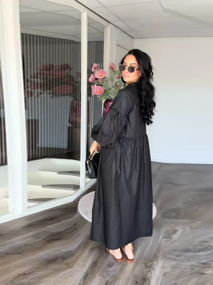 Elegantจีบชุดยาวผู้หญิงOversizeโคมไฟเดี่ยวBreasted O-คอชุดลําลองฤดูร้อน 2025 New Street Robe
