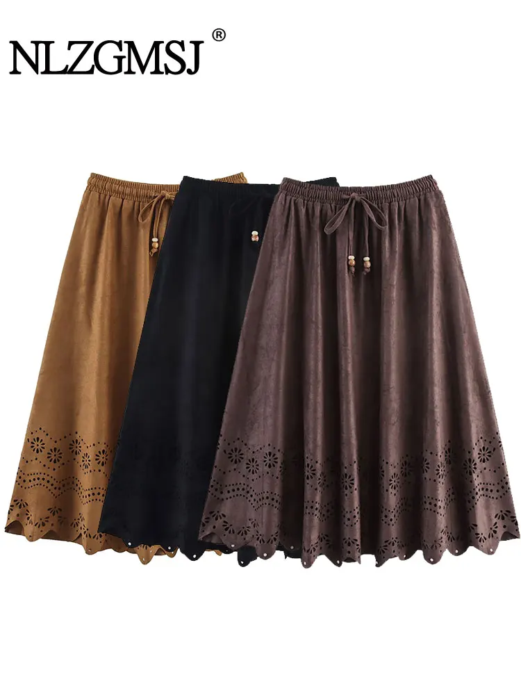 

NLZGMSJ Casual Vintage Chic Women Suede Skirt Solid Loose Long Straight Skirt Fashion Autumn Office Lady Wear Skirt