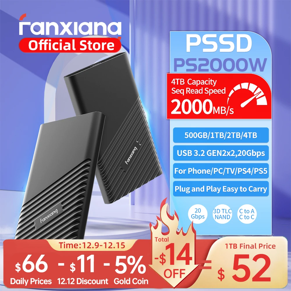 Fanxiang PS2000W 20Gbps Portable SSD 2000MB/s 1TB 2TB 4TB USB3.2Gen2x2 External Solid State Drive PSSD for PS5/4 Laptop Desktop