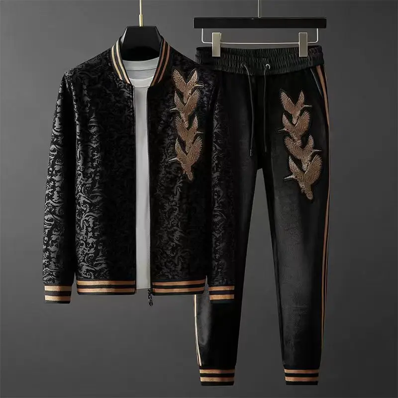 Autumn and Winter Plus Velvet Padded Sports Leisure Suit Men's Embroidery Stitching Men's Large Size Sweater Pants Tide Jogger