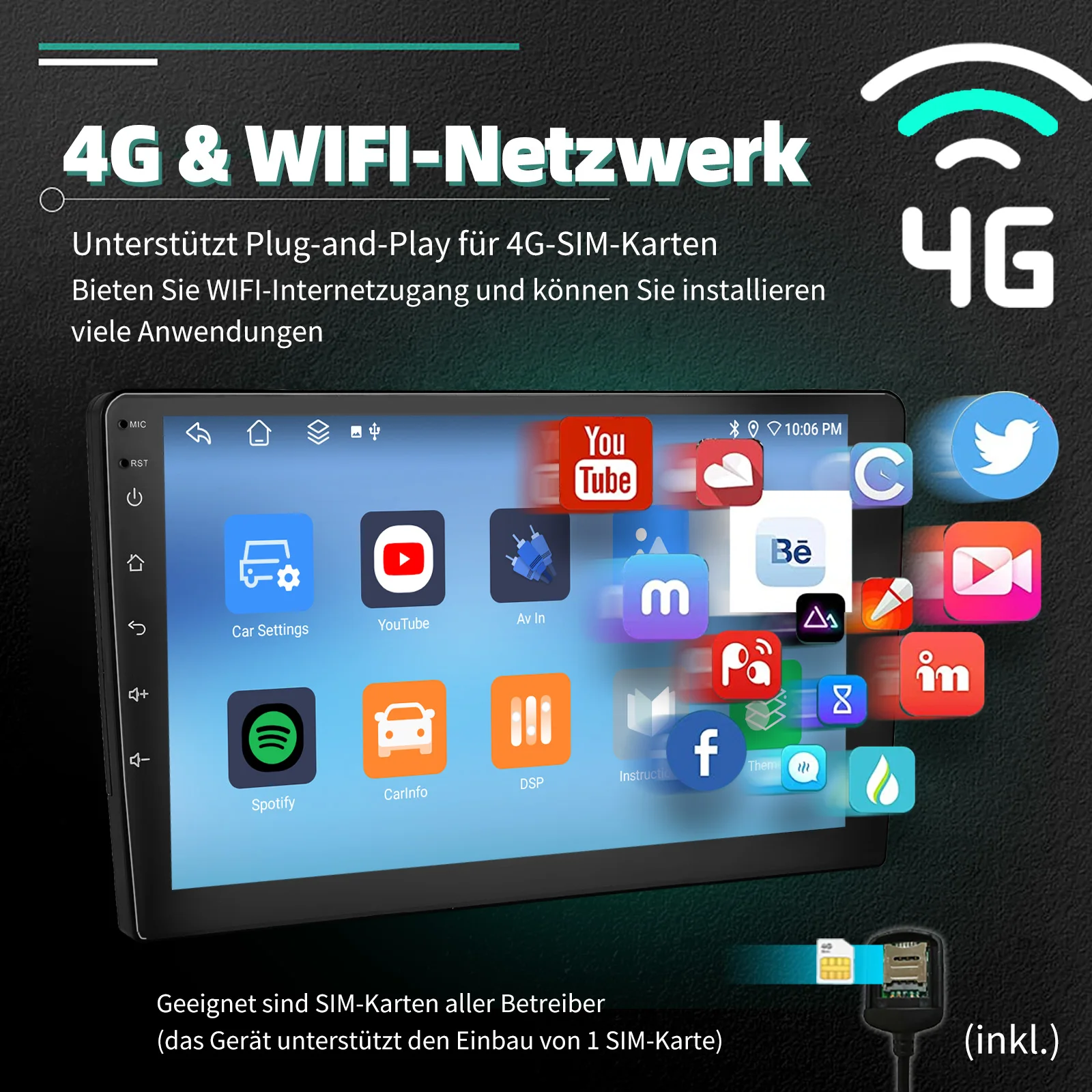ESSGOO Autoradio 7"/9"/10" 2 DIN 8-Kern Android14 6+128 GB Kabelloses CarPlay Android Auto GPS-Navigation Bluetooth AM FM RDS WiFi QLED Touchscreen 4G LTE Mirror Link Lenkradsteuerung – Detail 12