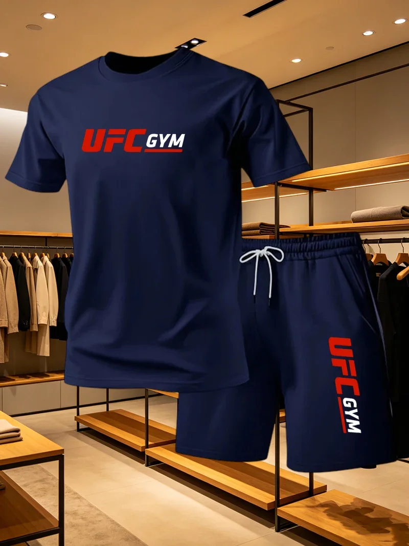 Men's Fashion T-shirt Shorts UFC Casual Set Summer Sports Quick Drying Fitness Running Lightweight Cool Breathable Men's Wear
