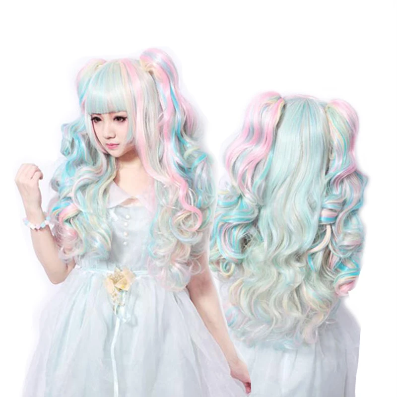 

Парики из синтетических волос Косплей Парик с челкой Волнистый парик с двумя когтями на хвосте Костюмные парики для женщин Длинный Розовый Красный Синий Черный Белый