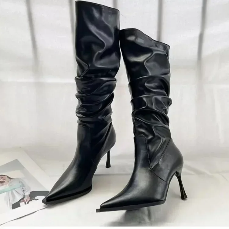 Fashion Pointed Pleated High Barrel Boots Women Trendy Thin Heel Stacked Boots High Heel Knee High Long Barrel Boots 2024