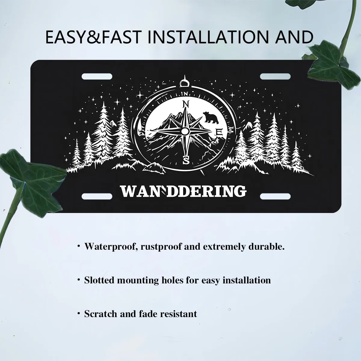 Wandering Compass Mountain Pine Trees Aluminum License Plate Cover Durable Outdoor Adventure Tag