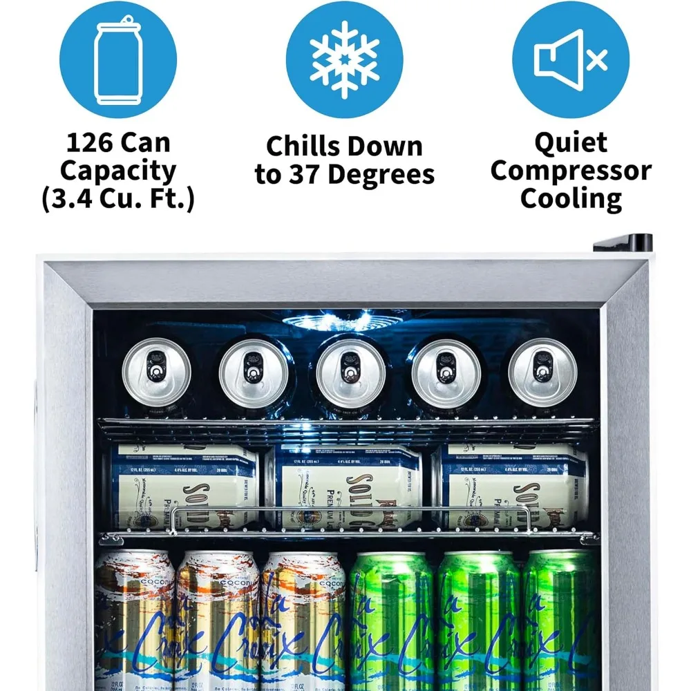 Beverage Refrigerator Cooler | 126 Cans Free Standing with Right Hinge Glass Door | Mini Fridge Beverage Organizer