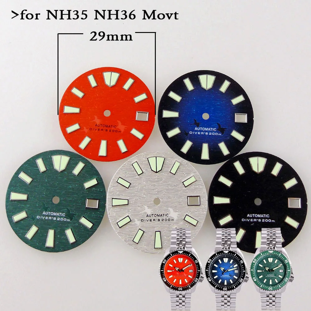 Quadrante dell'orologio 29mm per NH35 NH36 accessori per orologi movimento meccanico automatico Diver Hand Parts Mod Date Green Luminous