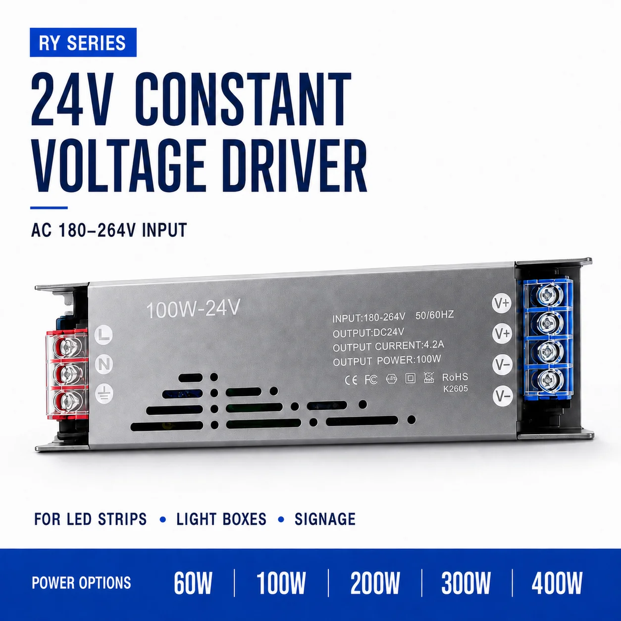 24V Ultra Slim LED Power Supply 60W-400W AC180-264V 23mm Constant Voltage Switching Driver for LED Strips Channel Letter Signs