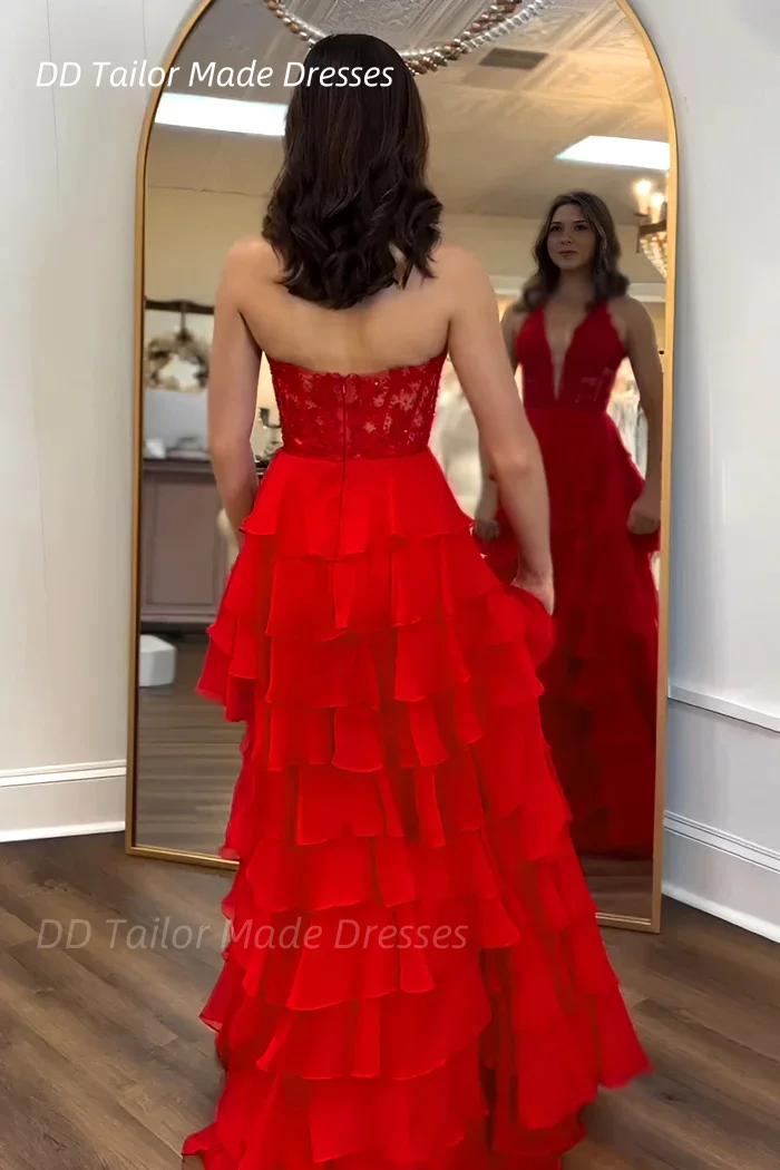 فستان حفلة موسيقية طويل من الشيفون مع شق مخصص باللون الأحمر على شكل حرف a ثوب مسائي بدون ظهر مثير لحفلات أعياد الميلاد