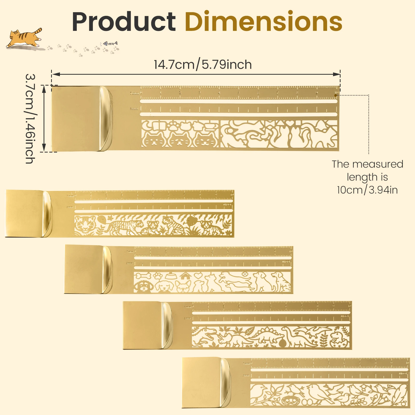 5Pcs Brass Bookmark Ruler Hollow Metal Bookmark Ruler 2 In 1 Animal Bookmark Drawing Rulers for Reading Progress Sketch Practice