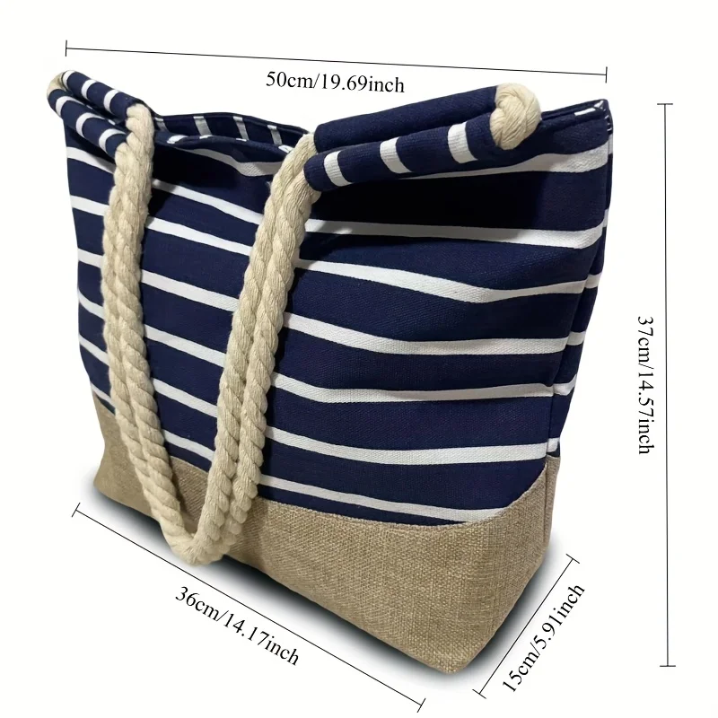 Vintage Bohemian Style Blue Striped Women's Tote Bag, Perfect for Travel, Shopping, and Daily Use, Large Capacity, Portable image 5
