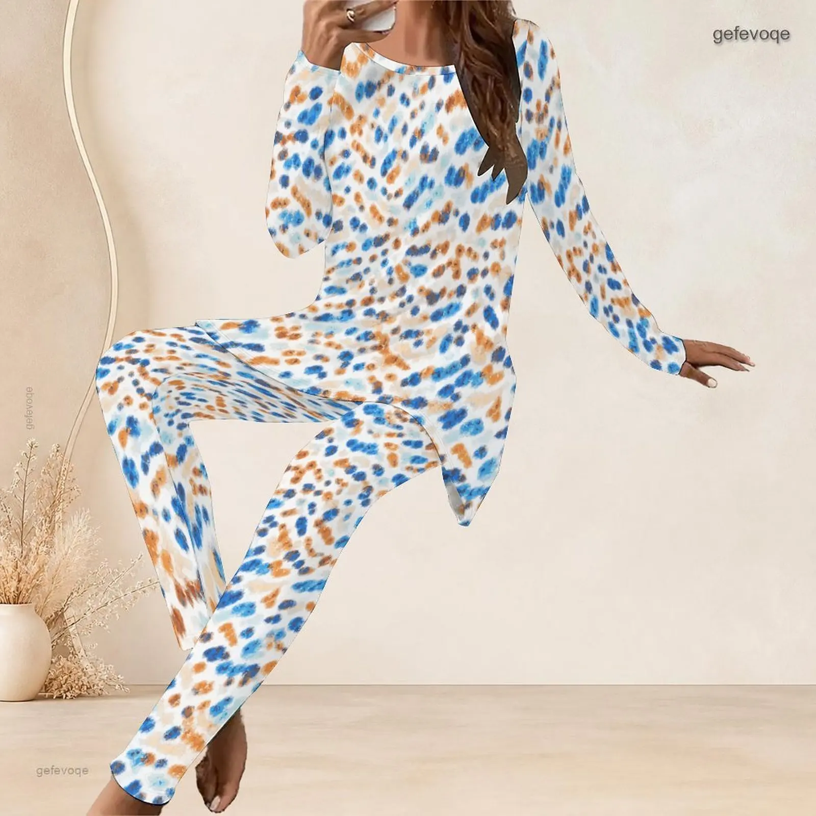 Women Printed Pants Set Round Neck Long Sleeve Longline Top Fitted Pants Two Piece