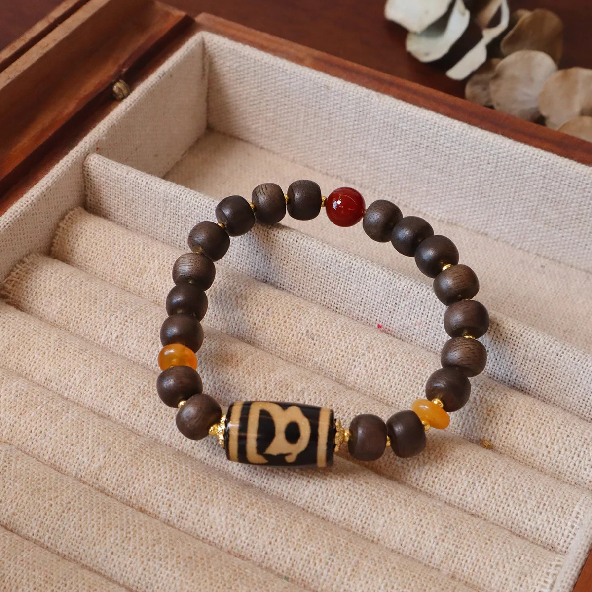 Ruifan Natural Fragrant Agarwood Buddha Beads Beaded Strand Bracelets for Women Men Vintage Tibetan Agate Dzi Bead Bracelet 1596
