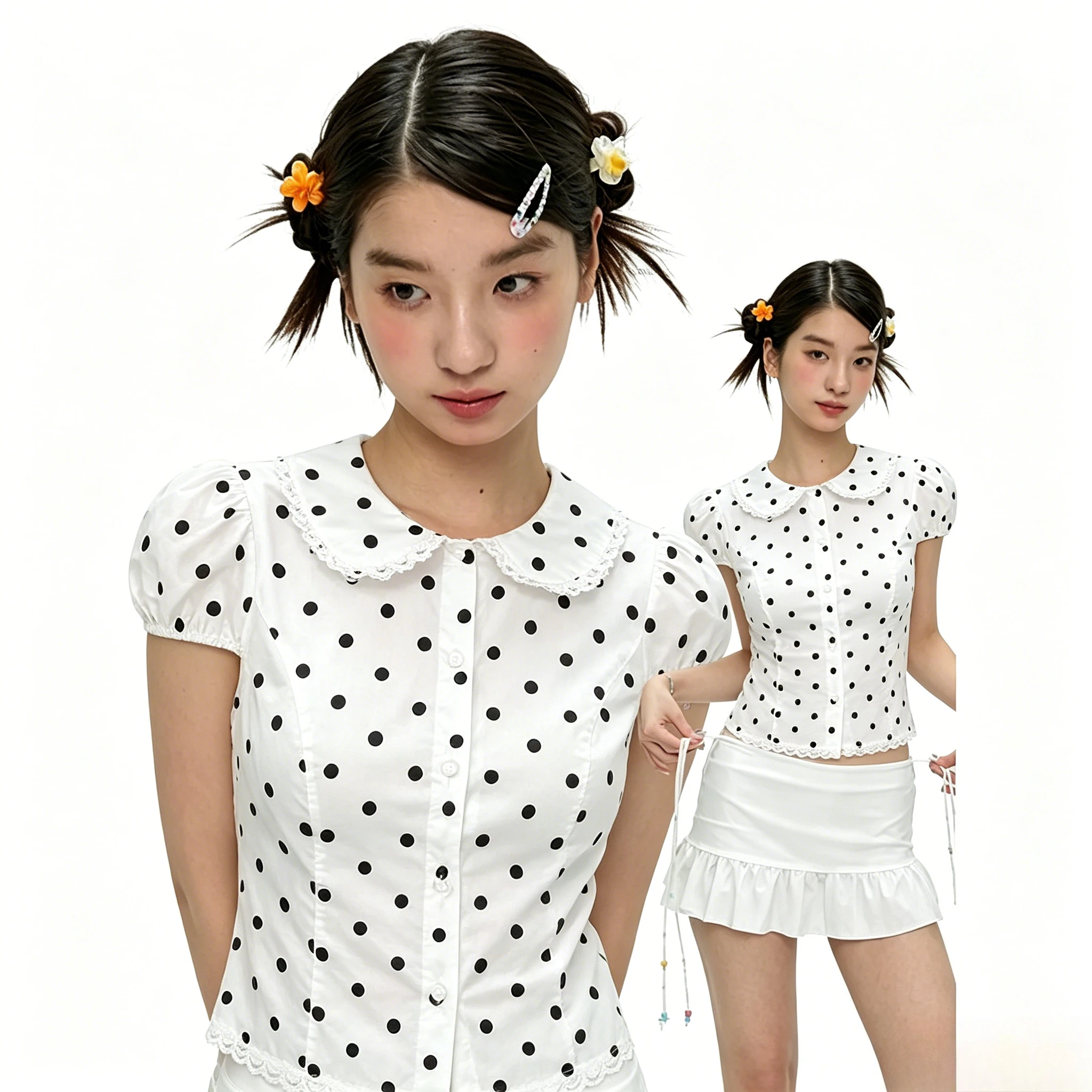 Summer Sweet Fairy Blouse Clothing Peter Pan Collar Tees Women's Clothes Fashion Y2k Japanese T-Shirt Polka Dot Vintage Shirt