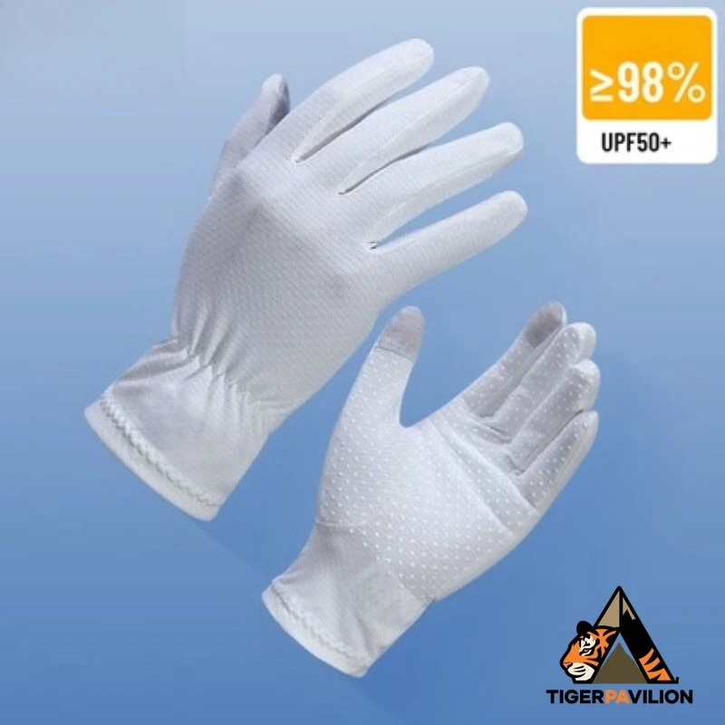 Um par de luvas de proteção solar para mulheres e homens, finas, estilo de dedo completo com proteção UV, adequadas para dirigir, ciclismo, esportes