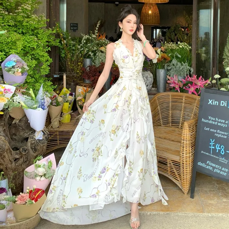 

Blumarine French Elegant Backless Neck Hanging Long Dress Floral Print Sunset Skirt Travel Photography Beach Casual Women's D...