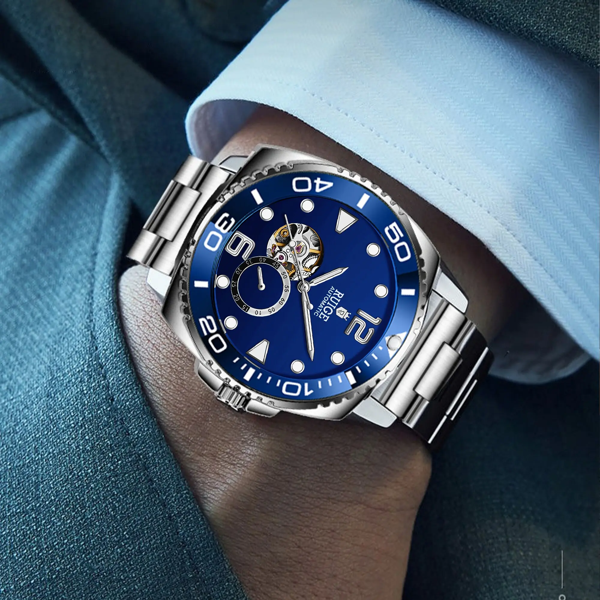 RUIGE Автоматические механические часы с полым ремешком из нержавеющей стали, четырьмя иглами, светящиеся, модный темперамент для мужчин