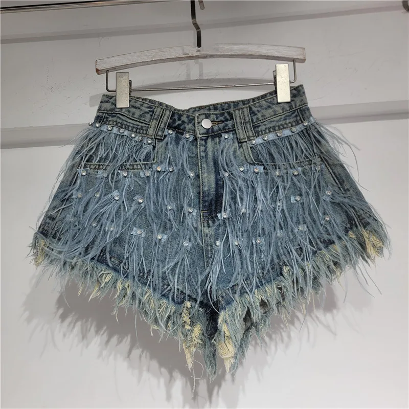 Fringe Rhinestone Denim Shorts for Women European Style Summer High Waisted A-Line Hot Pants Casual Tassel Light Wash Shorts