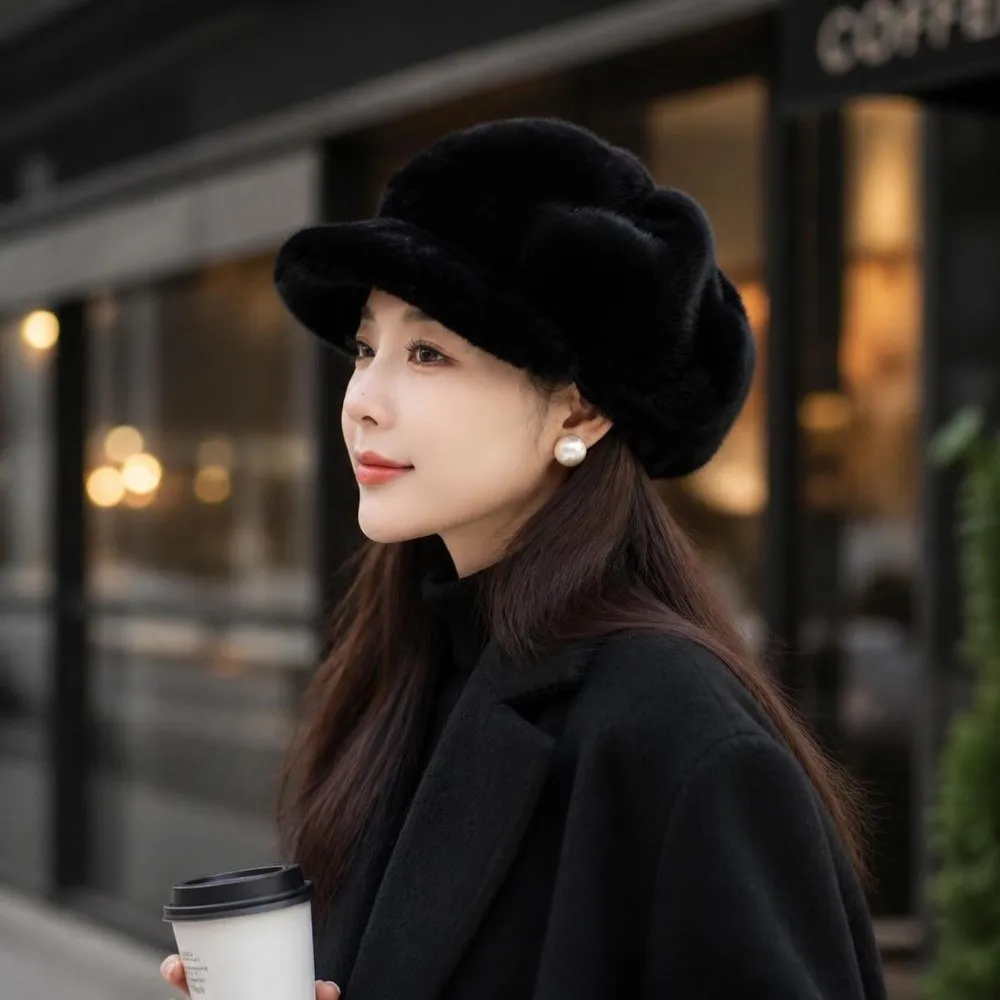 Cozy Solid Color Imitation Mink Beret Thick Warm Lightweight Peaked Cap Versatile Plush Cloud Hat Casual