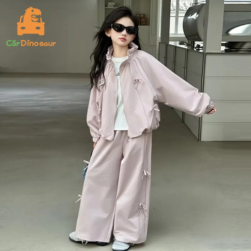 

Teenager Girls Outfit Spring Autumn New Children Customes Solid Color Wear Kids Bowknot Top+ Loose Trousers 2 Pieces Suits