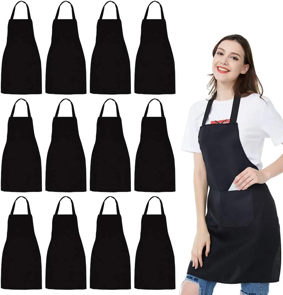 

12 Pack Bib Apron - Unisex Black Bulk Aprons with 2 Pockets, Machine Washable for Kitchen Crafting BBQ Drawing