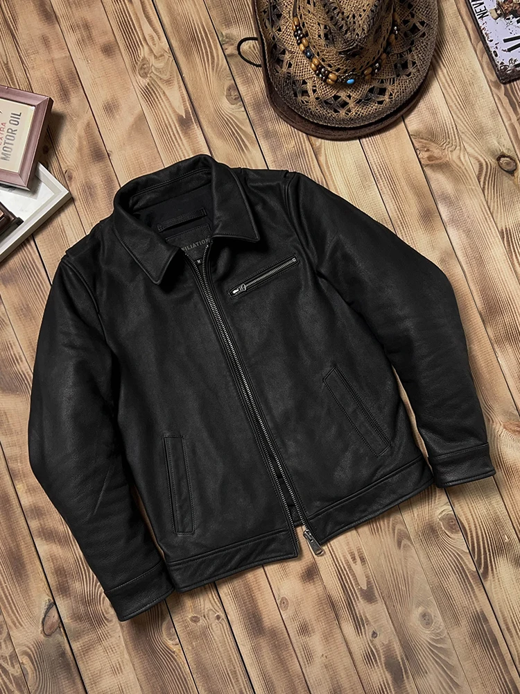 Black Autumn Leather Jacket Men Casual Style Plus Size 5XL Genuine Natural Cowhide Thick Warm 1930 Leather Coat