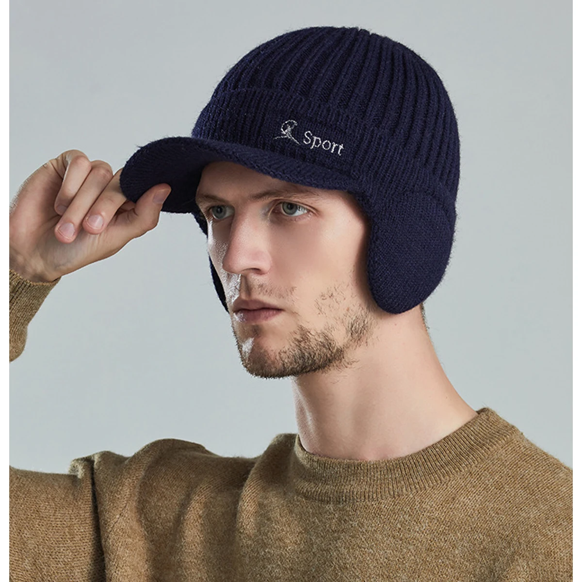 

OVTRB Men Winter Fleece Beanie Hat Brimmed Warm Knitted Ear Cover Visor Caps Sports Earflaps Newsboy Cap for Outdoor Snow Cap