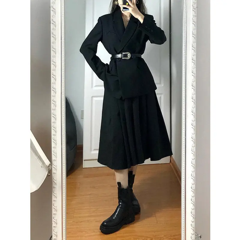 Women\'s Black Slim Blazers A-Line Skirts Two Piece Dress Set Korean Office Lady Graceful Suit Jacket with Waistbelt New Outfits