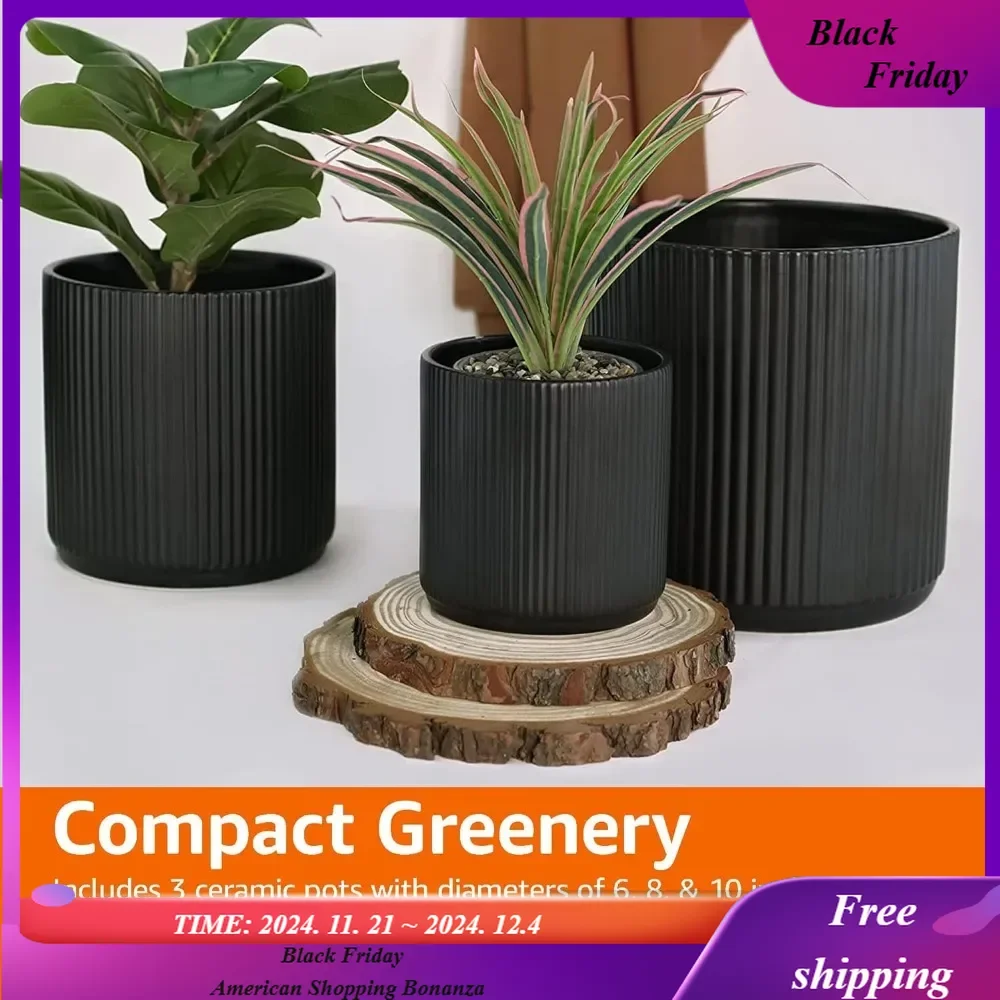 

Assorted Sizes Fluted Ceramic Round Planters, Set of 3, Black, 6-Inch, 8-Inch, 10-Inch