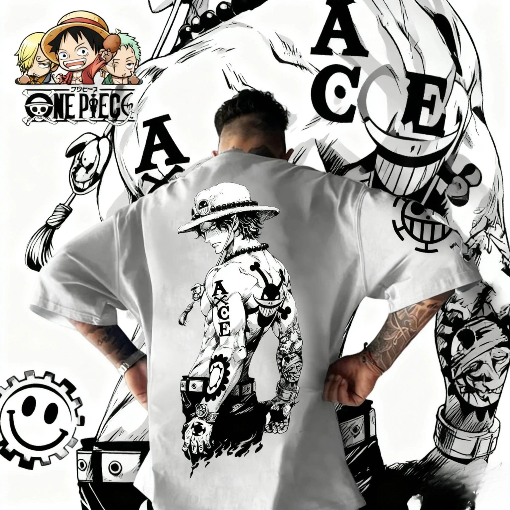 

2025 New One Piece Series Portgas D.Ace Character T-shirt, Extra-large Y2k Summer Print 100% Pure Cotton Loose Casual T-shirt