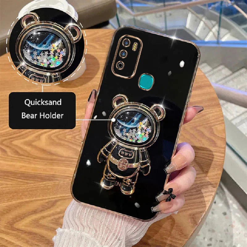For Infinix Hot 9 Play X680 Phone Case Quicksand Cartoon Bear Fold Stand Solid Color Soft Silicone Luxury Plating Cover