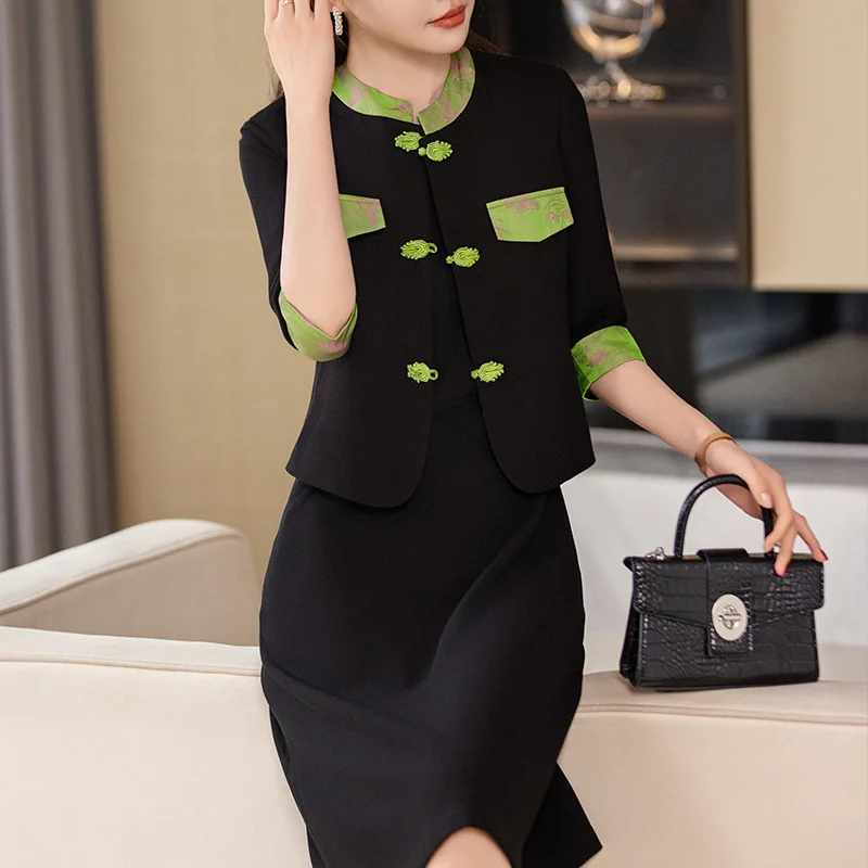 New Chinese Style Suit Women's Small Summer Temperament Goddess Style Suit Chinese Style Suit Skirt Two-Piece Suit