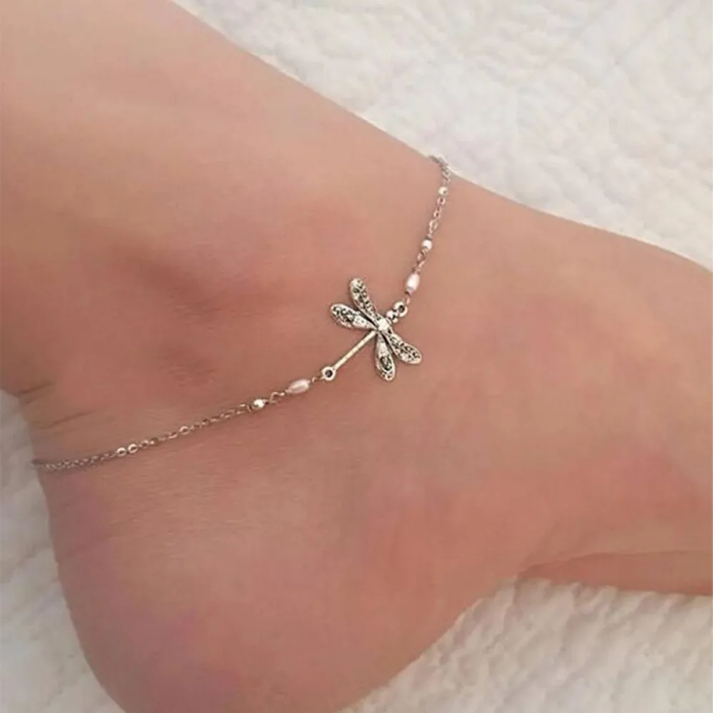 Fashion Personality Ancient Silver Color Carved Dragonfly Imitation Pearl Beaded Anklets for Women Girlfriends Gathering Jewelry