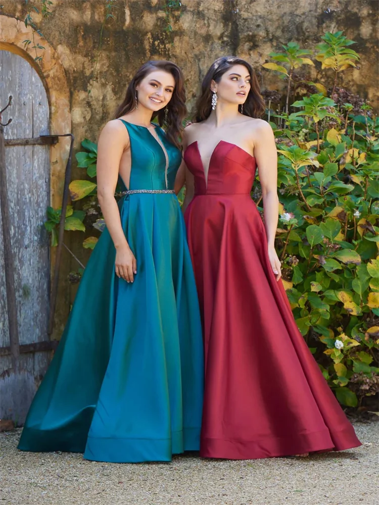 Customized Dramatic V Neckline Sleeveless Satin A-Line Evening Dress Open Back Zipper Floor Length Structured Hem Gown For Women