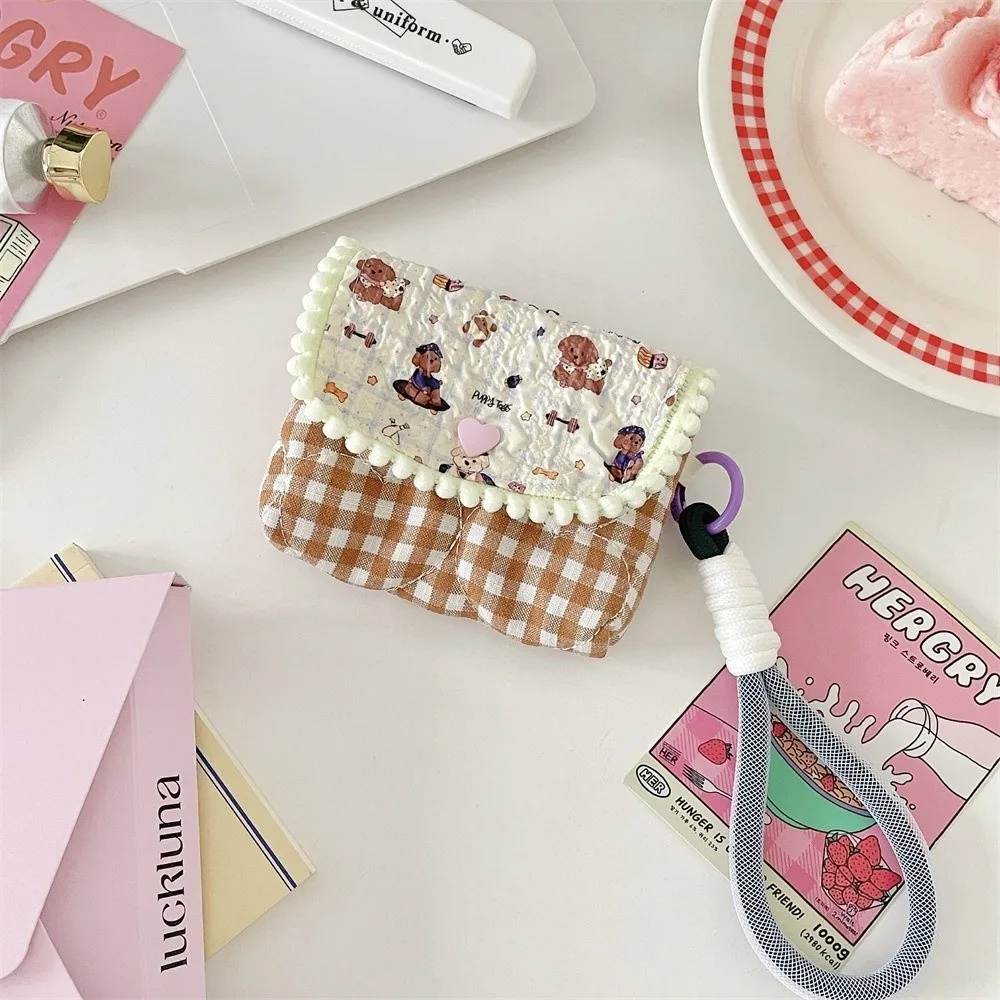 Polyester Cartoon Printed Coin Purse Portable Zipper CCD Camera Storage Pouch Lightweight Plaid Pattern Small Pouch Earphone