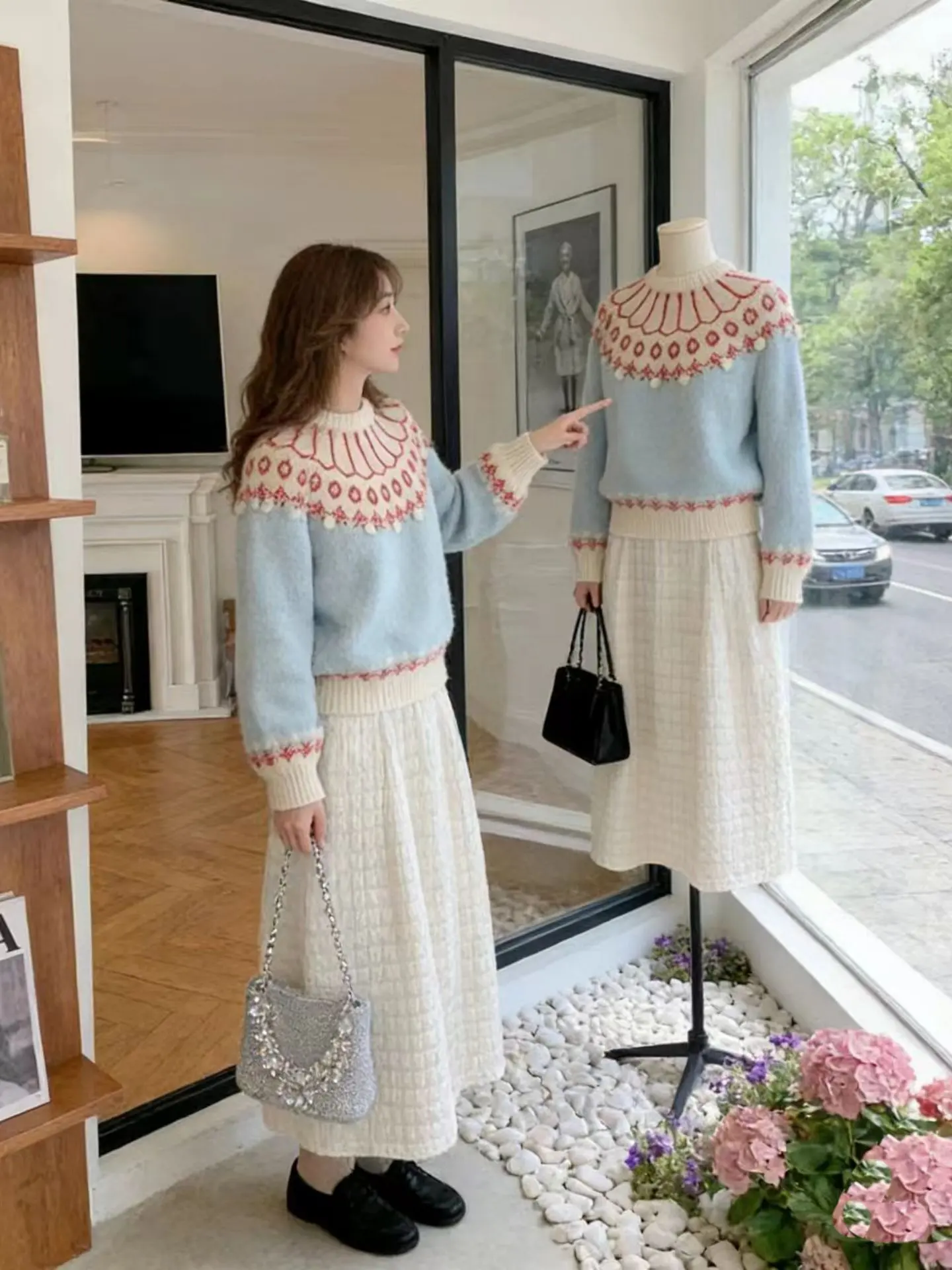 

Korean Gentle Sle Fair Isle round Ne Women's Set Beautiful Two-Piece Spring New High Waist Skirt Faionable Casual Wear