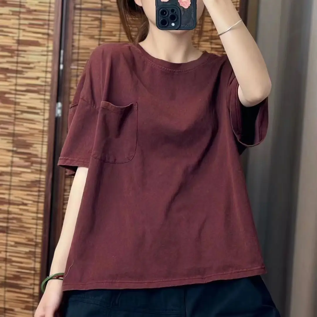 

2025 Women's Spring Summer Round Neck Solid Color Short Sleeve T-shirt Casual Women's Top